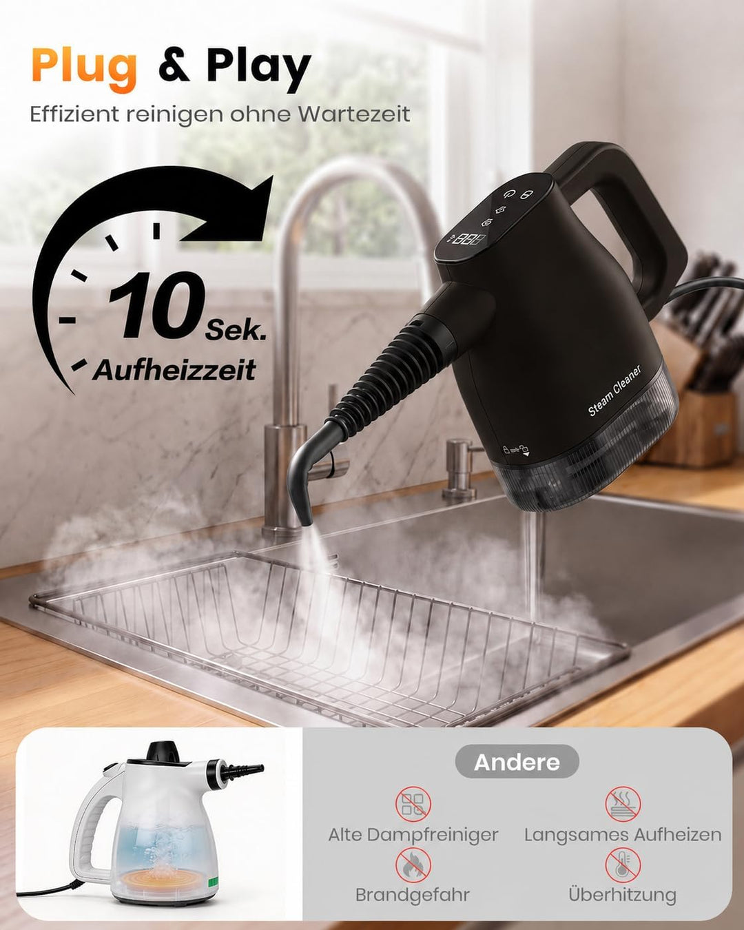 Rundum-Dampfreiniger für den Hausgebrauch, 15s sofortige Aufheizung, 400ml grosser Tank &amp; 9 Zubehört