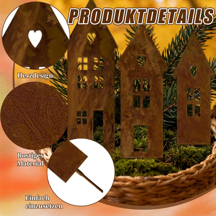 Gartenstecker Rost Häuser Deko 3er Set, Rost Deko für Garten und Blumentopf, Metall Haus Silhouette