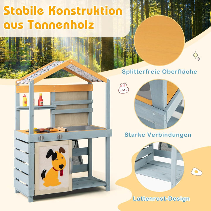 COSTWAY 2-IN-1 Matschküche Kinder Outdoor, Kinderküche Holz mit Tasche & Körben, Tafel & Zubehör, Sp