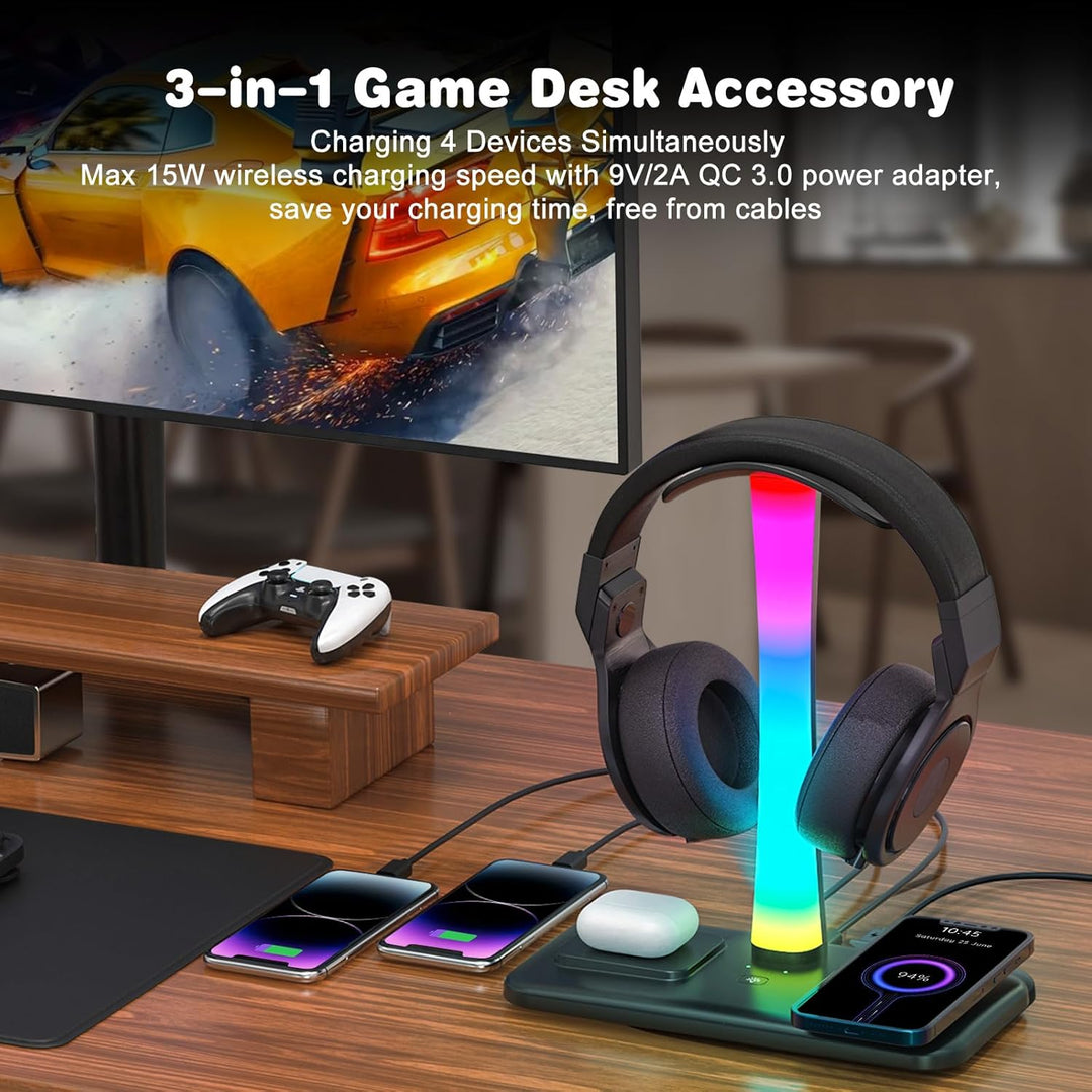 3 in 1 RGB Gamning Kopfhörer Ständer, Headset Halterung mit 15W Wireless Ladegerät, Gaming Kopfhörer