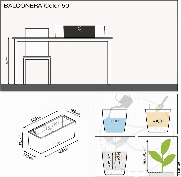 LECHUZA "BALCONERA Color 50" Pflanzgefäss mit Erd-Bewässerungs-System, Schiefergrau, 50 x 19 x 19 cm