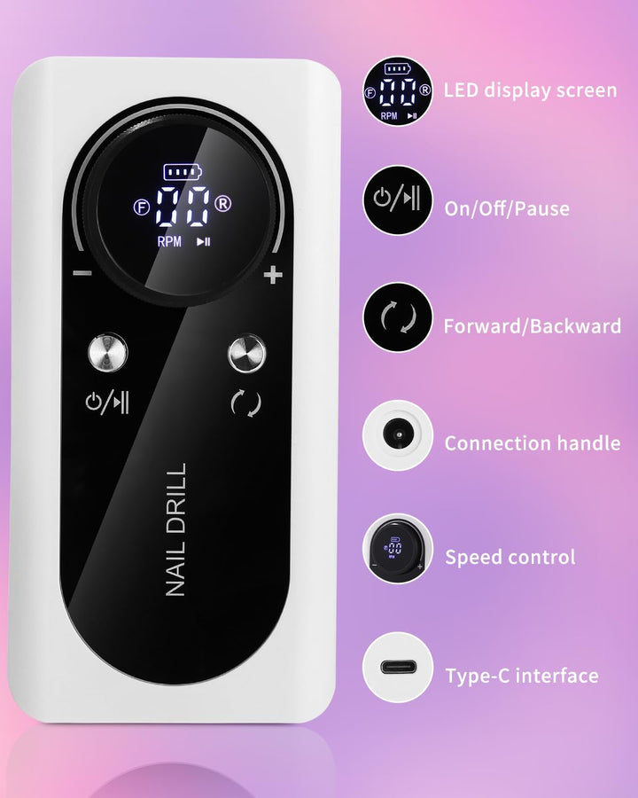 Nagelfräser,Elektrische Nagelfeile 45000 U/min,Fräser Nägel mit LED Display und Pause Funktion,USB A