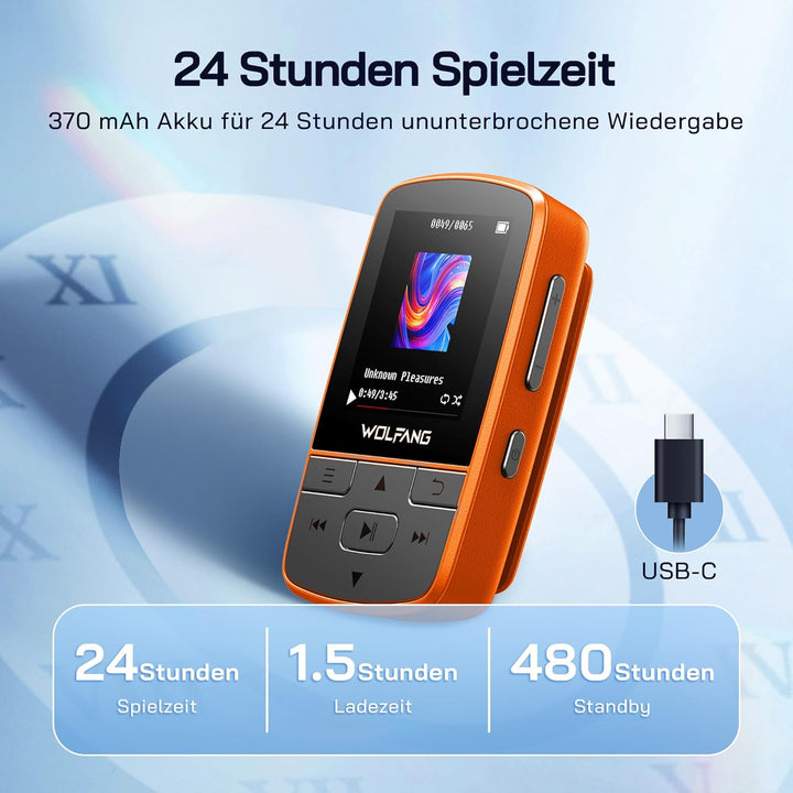 WOLFANG 64 GB MP3-Player mit Bluetooth 5.2, Sportclip, Mini-Grösse, Gewicht 28,3 g, HiF-FM-Radio, Di