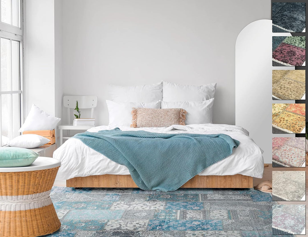 TESSO LIVING Kelim Patchwork Teppich Wohnzimmer Blau 80 X 145 cm, Moderner Kurzflor Teppich, Super S