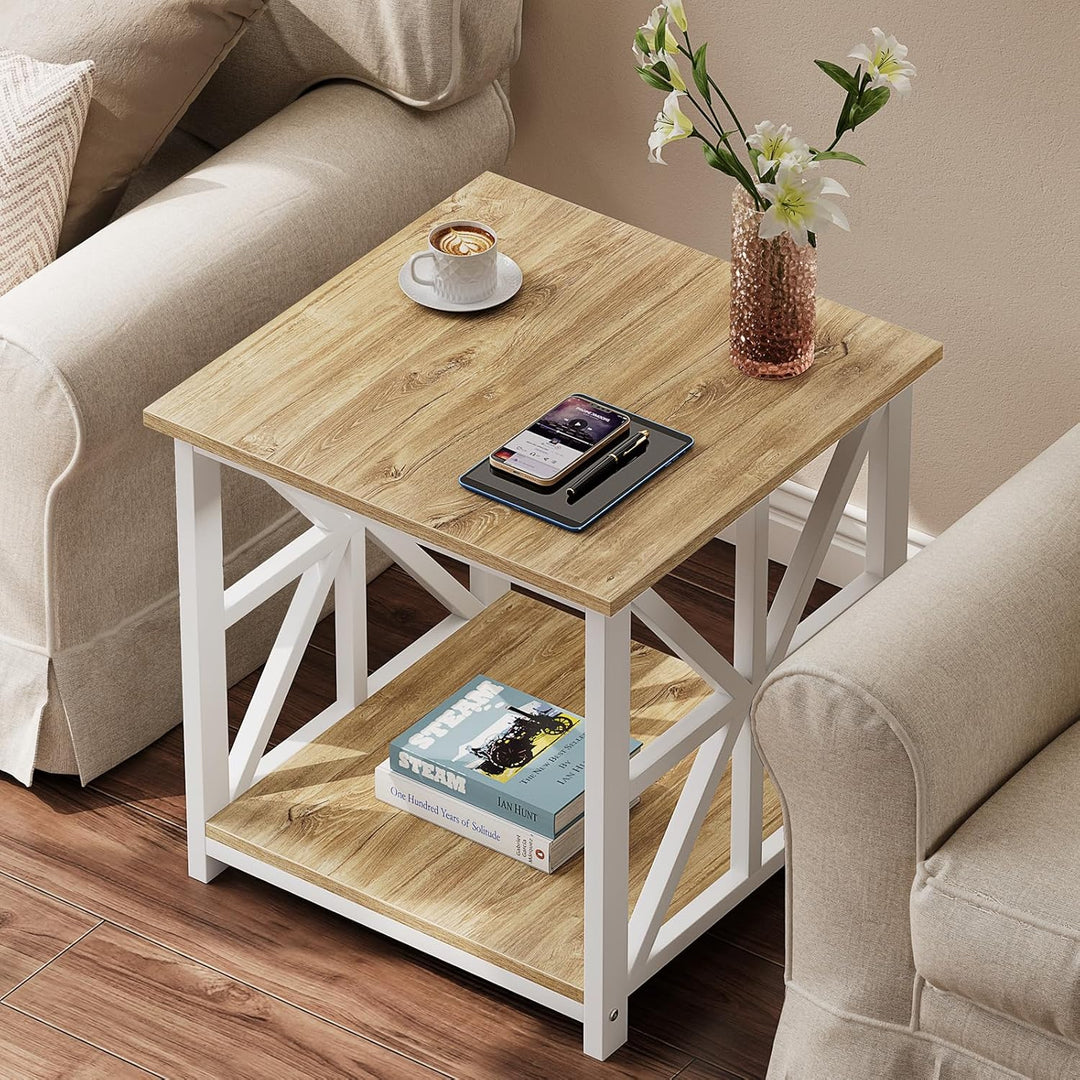 GreenForest Beistelltisch mit 2-stufigem Ablagefach,50 cm quadratischer Wohnzimmertisch, praktischer