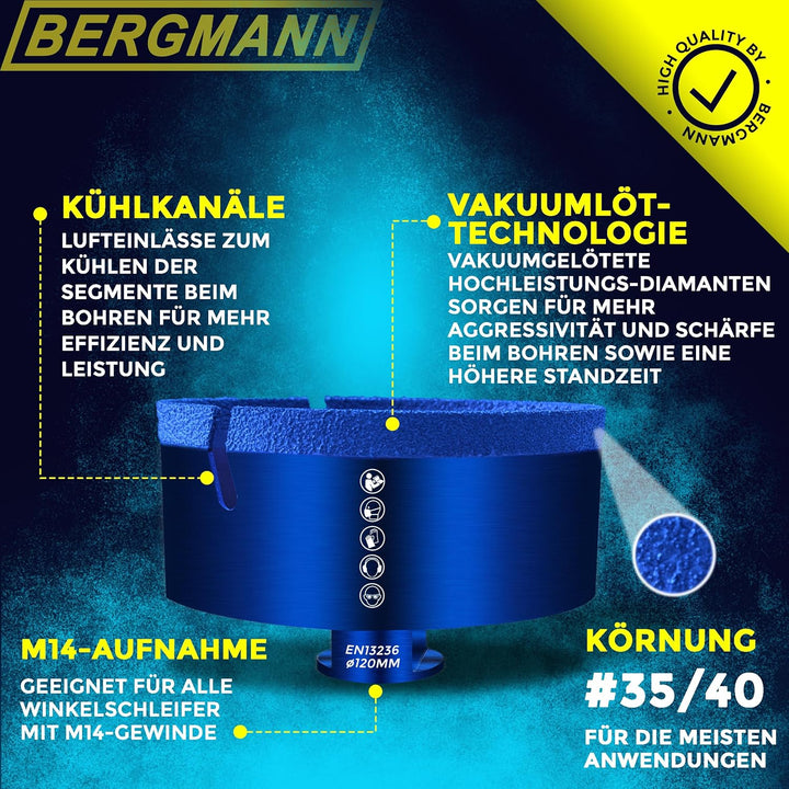 BERGMANN ® ∅ 120mm x M14 | Profi Fliesenbohrer Diamantbohrer Granitbohrer | Winkelschleifer Feinstei