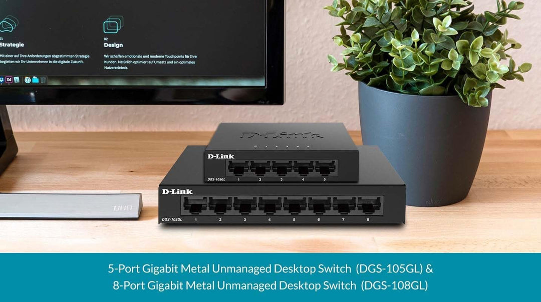 D-Link DGS-108GL 8-Port Unmanaged Gigabit Switch (ohne Lüfter, Low Profile Metallgehäuse, Desktop, P