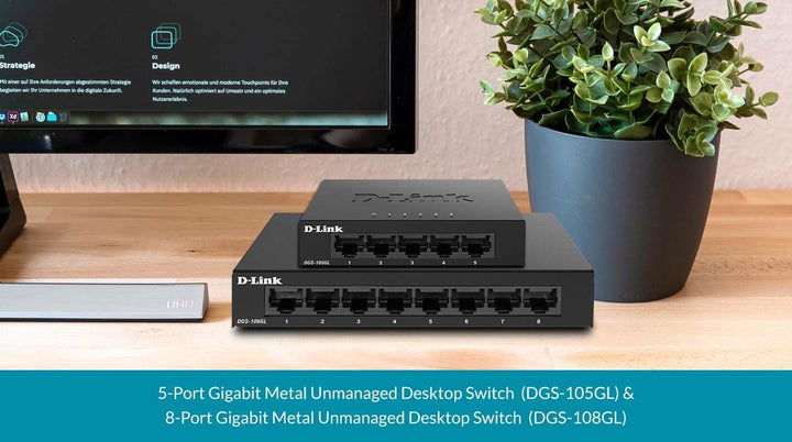 D-Link DGS-108GL 8-Port Unmanaged Gigabit Switch (ohne Lüfter, Low Profile Metallgehäuse, Desktop, P