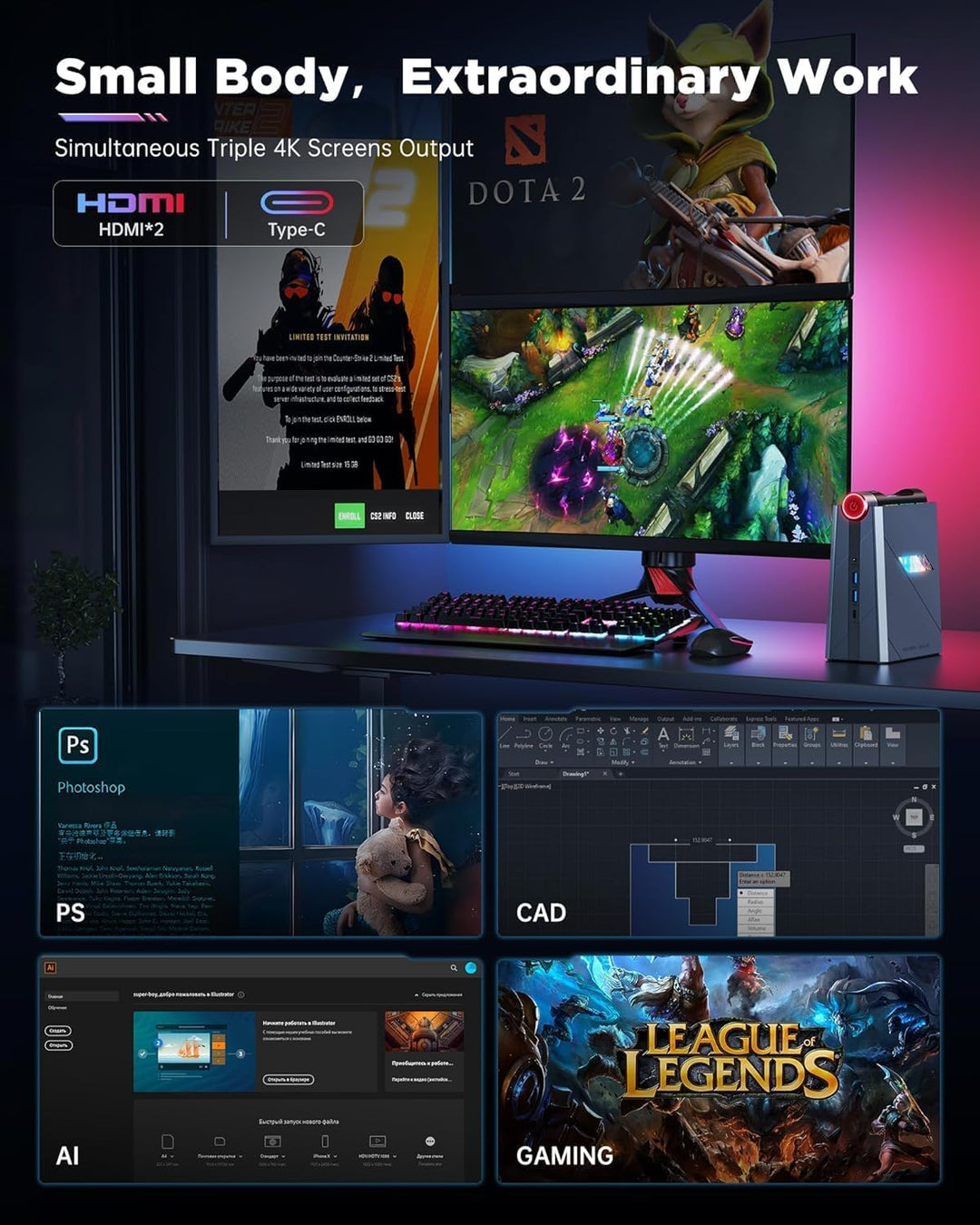 ACEMAGIC RGB Mini PC Core i9 11900H(bis 4,9GHz,24 MB Cache),32GB DDR4 512GB SSD Micro Desktop Comput