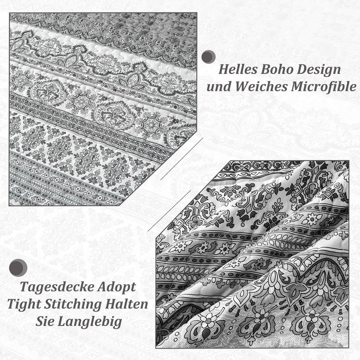 WONGS BEDDING Tagesdecke 220x240 Bettüberwurf Boho Decke Steppdecke 3 Teilig Doppelbett Gesteppt Bet