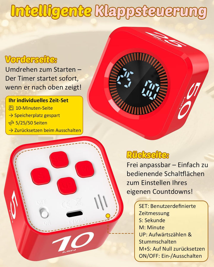 Pomodoro Timer Cube, Visueller Würfel-Timer für Kinder, Digitale LED Drehbarer Timer mit 5/10/25/50