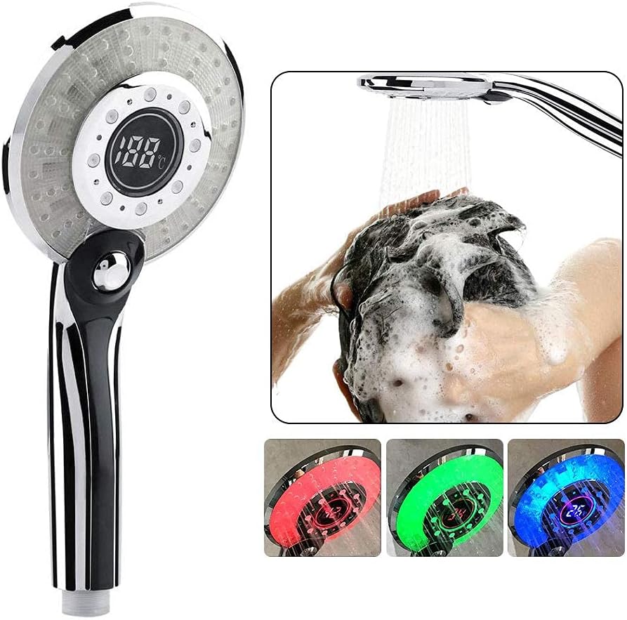 LED Duschkopf, Regendusche 3 Farben Farbwechsel Temperaturregelung, Handbrause mit Digital Temperatu