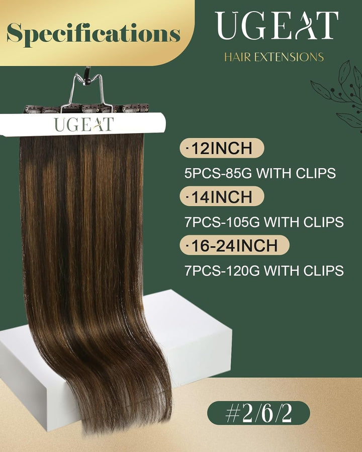 Ugeat Clip in Extensions Echthaar Balayage 35cm 120g Dunkelbraun Bis Kastanienbraun Doppelt Weft Ech