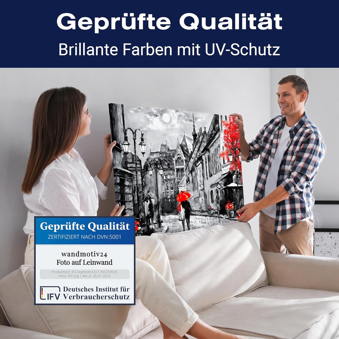 wandmotiv24 Leinwandbild Malerei, 60x45cm, Querformat, Paar, Stadt, Regenschirm, Deko, Bilder auf Le