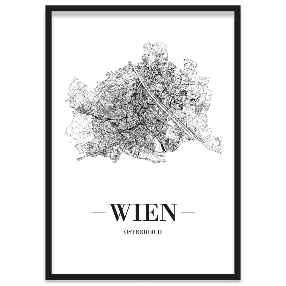 JUNIWORDS Stadtposter, Wien, Wähle eine Grösse, 21 x 30 cm, Poster mit Rahmen, Schrift A, Weiss 21 x