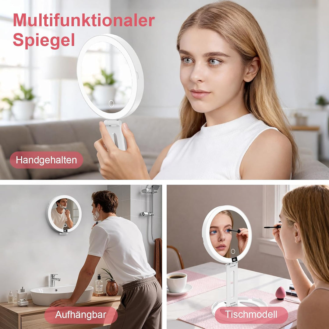SURFOU Kosmetikspiegel mit Beleuchtung, Wiederaufladbar & Faltbar, 3 Farben Dimmbar - Doppelseitig: