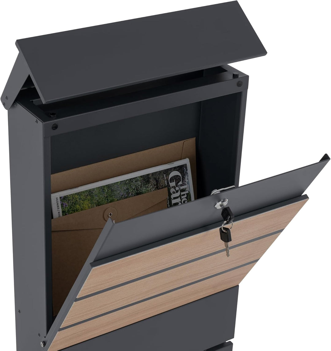 Zelsius Briefkasten mit Zeitungsfach | Postbox in Anthrazit (RAL7016) mit Holzoptik (Buche) | Standb
