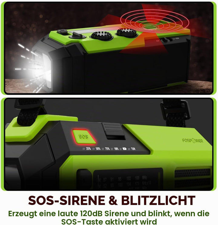 FosPower - Notfallradio NOAA/AM/FM mit 19240mWh (5200mAh) Tragbare Powerbank - Aufladung per USB/Sol