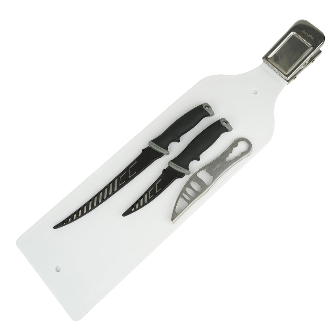 Fischfilet-Set – 4-teilig – Fischmesser – Filetiermesser – Entkalker und Schneidebrett mit Edelstahl