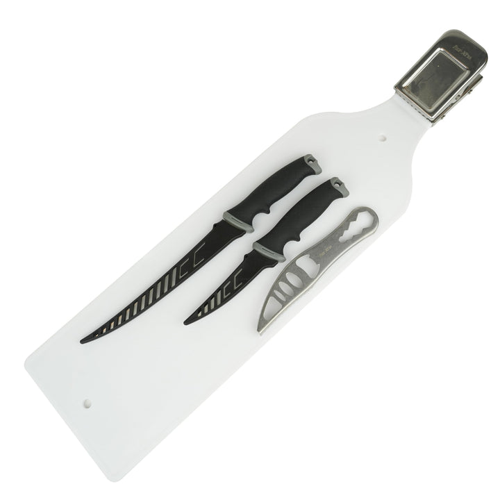 Fischfilet-Set – 4-teilig – Fischmesser – Filetiermesser – Entkalker und Schneidebrett mit Edelstahl