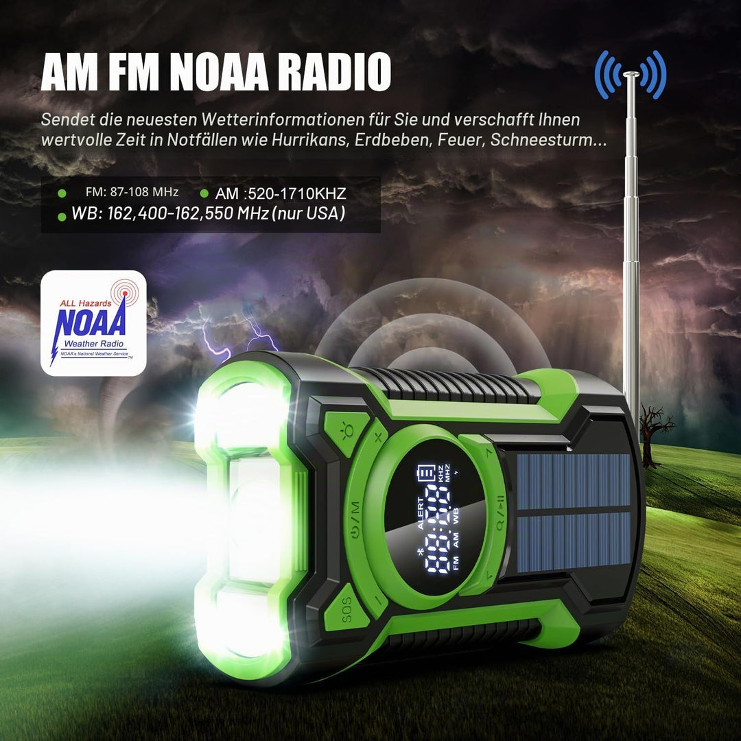 5000 mAh Notfallradio, Wasserdichtes Solar Radio mit Bluetooth, Aufladbares Powerbank Radio, Handkur
