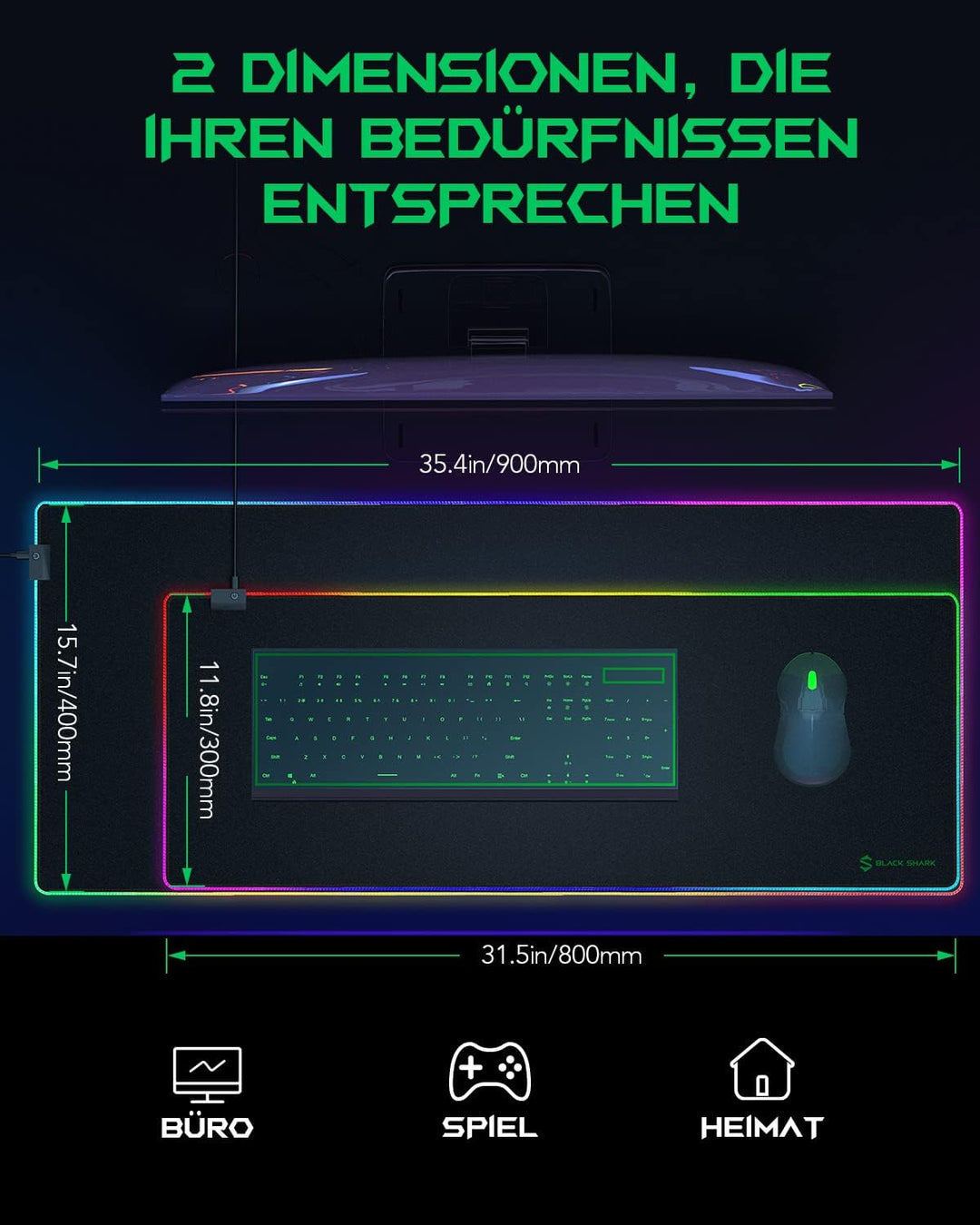 Black Shark Gaming Mauspad XXL 900x400 mm - 11 Beleuchtungs-Modi Led - Mikrofaser Oberfläche Schreib