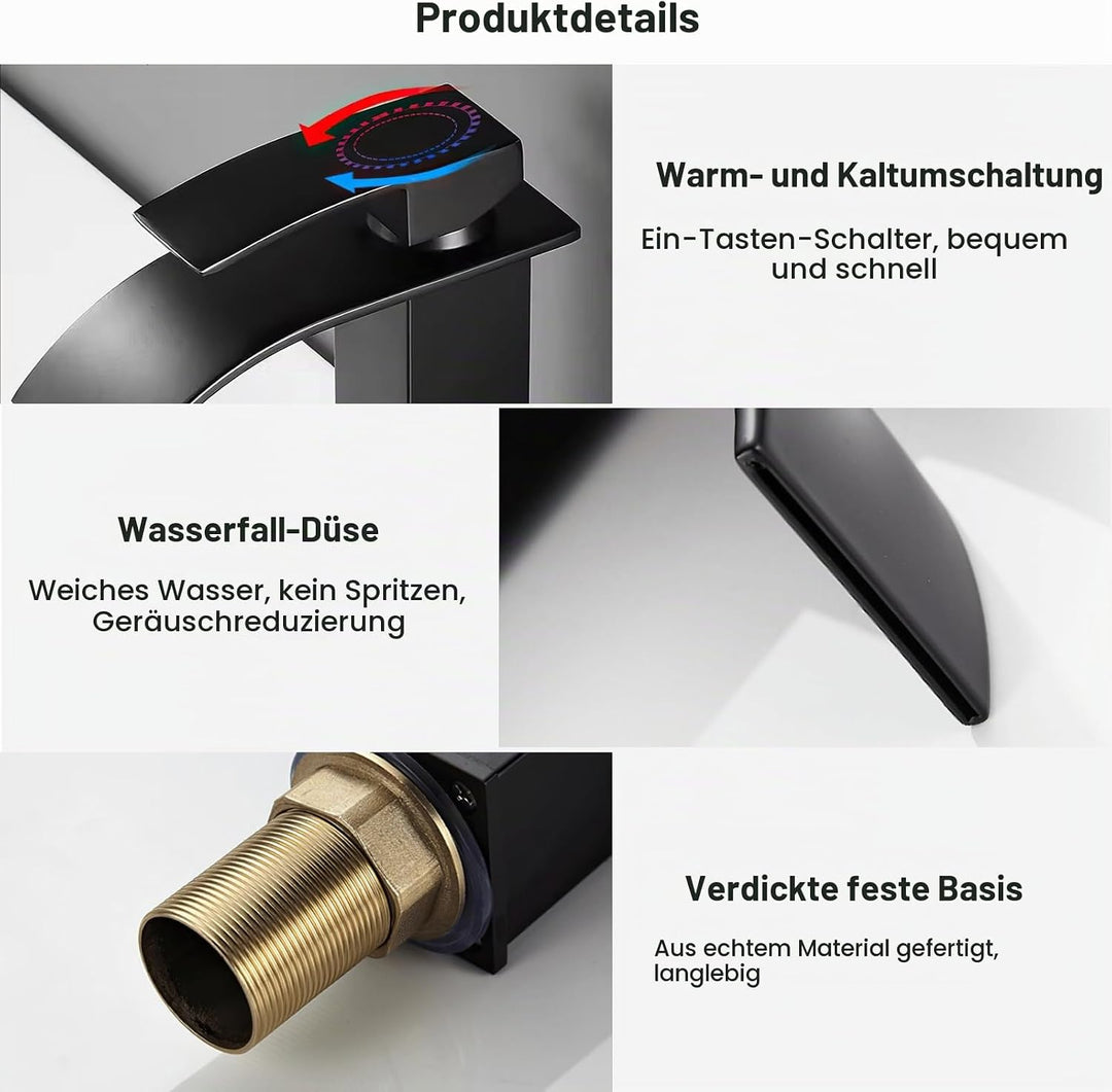 Wasserfall Wasserhahn, Badezimmer-Waschbeckenarmatur Wasserfall-Auslauf Edelstahl Heisser und Kalter