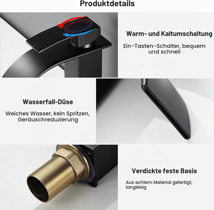 Wasserfall Wasserhahn, Badezimmer-Waschbeckenarmatur Wasserfall-Auslauf Edelstahl Heisser und Kalter