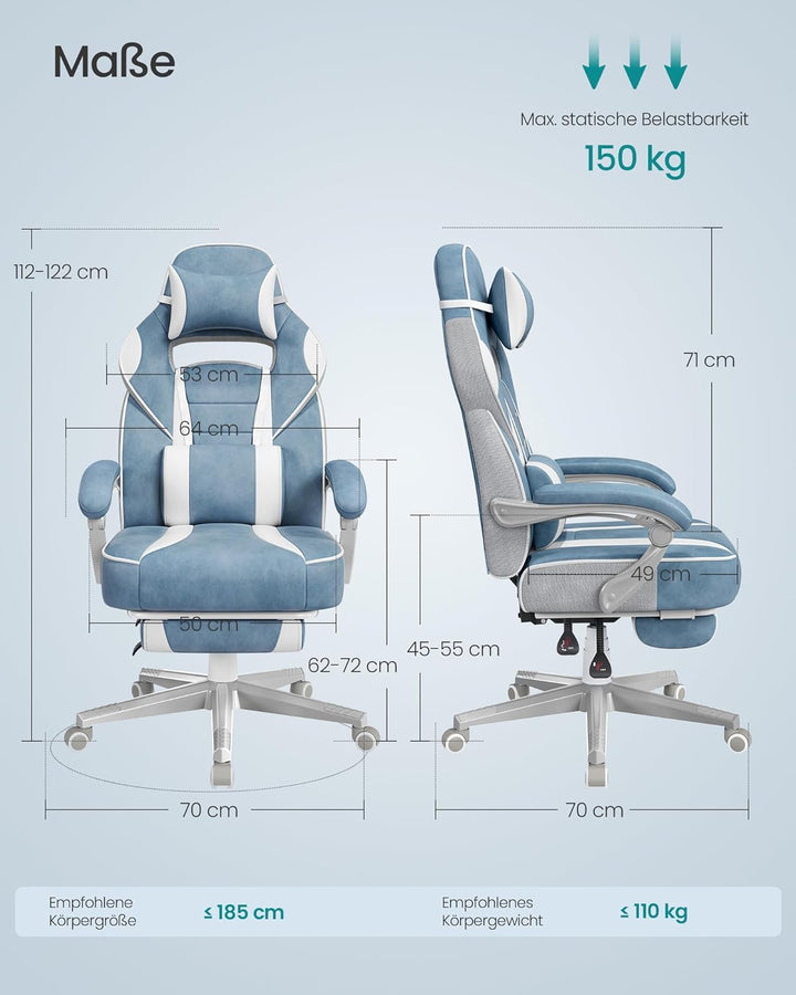 SONGMICS Bürostuhl, Gaming-Stuhl, verstellbar, Teleskop-Fussstütze, Wippmechanismus, Kopfstütze, Len