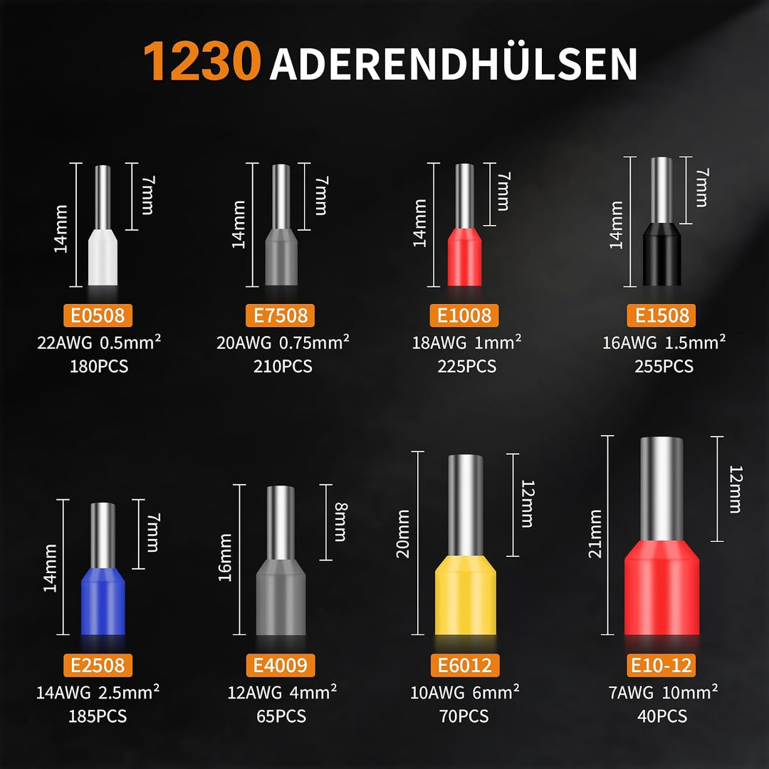 Aderendhülsenzange mit 1230 Stück Aderendhülsen Set für 0,25-10mm² | Crimpzange Selbsteinstellend