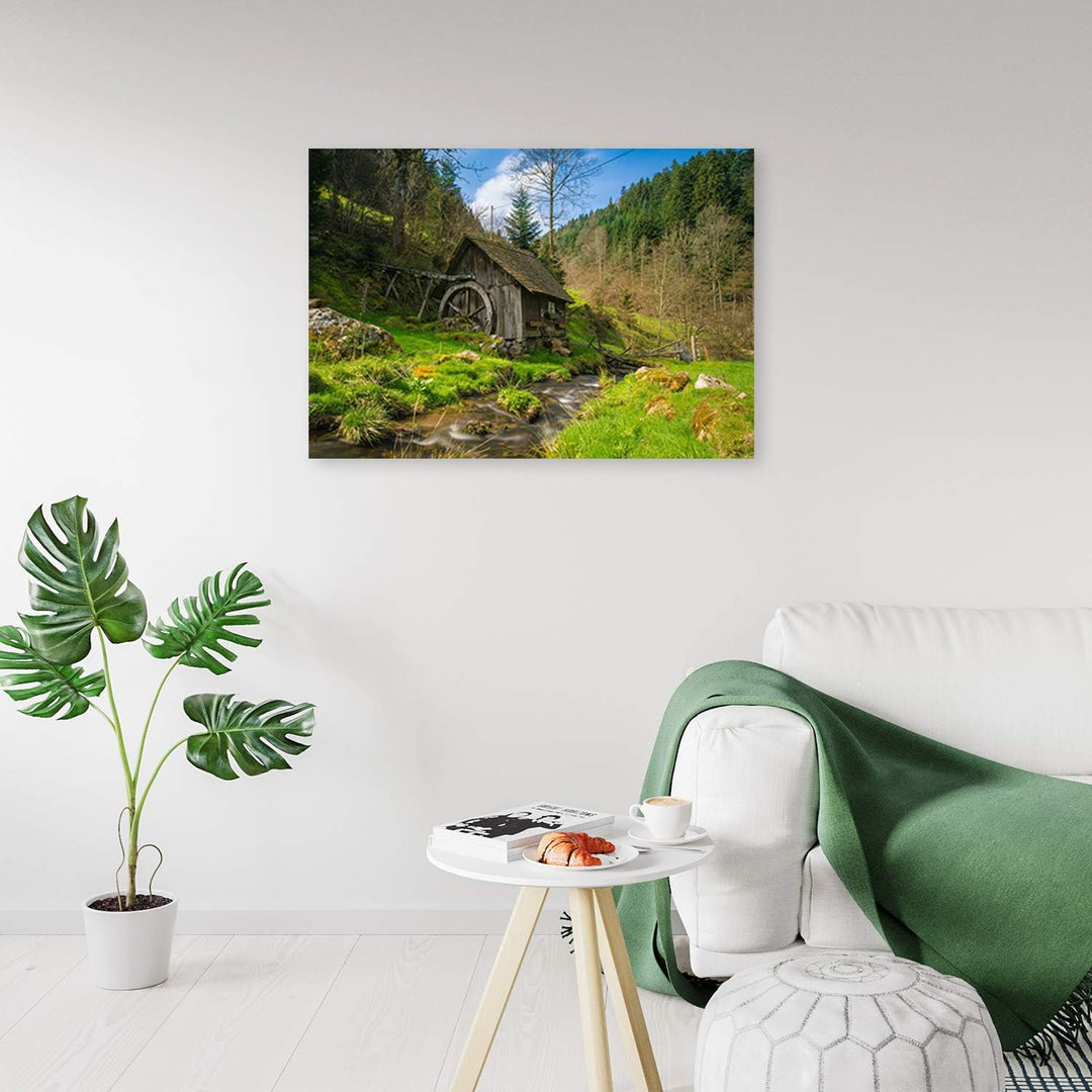 Feeby Bild auf Leinwand Bach Kunstdruck modern Hütte Grün 80x60 cm