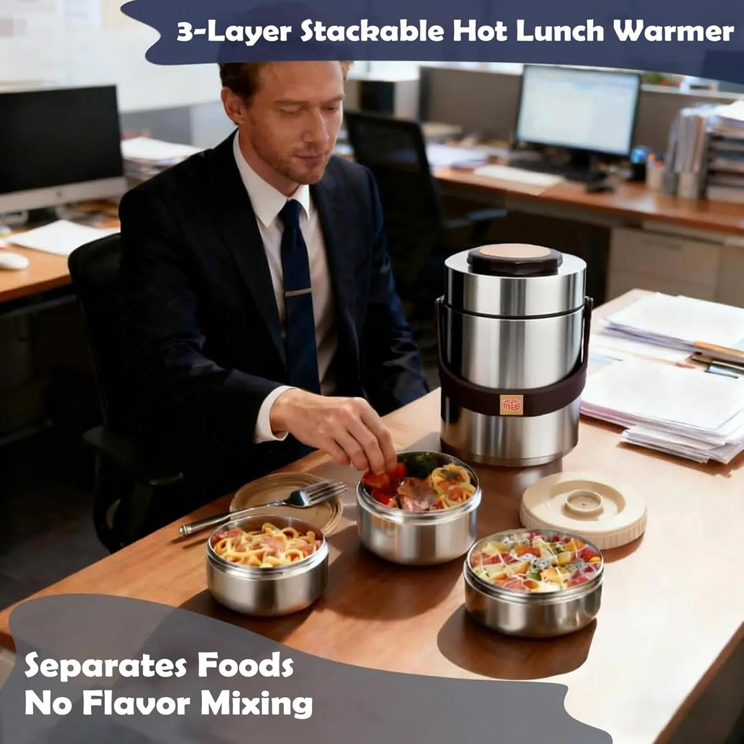 Thermobehälter für Essen, 2L Edelstahl Lunchbox, 3 Lagiger Isolierter Lebensmittelbehälter, Isoliert