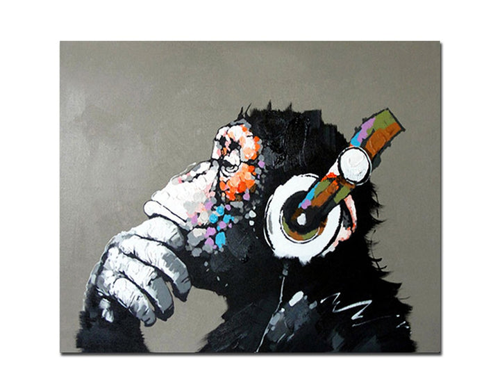Fokenzary Handgemaltes Ölgemälde auf Leinwand Pop Art Putziger Schimpanse hört Musik mit Kopfhörer m