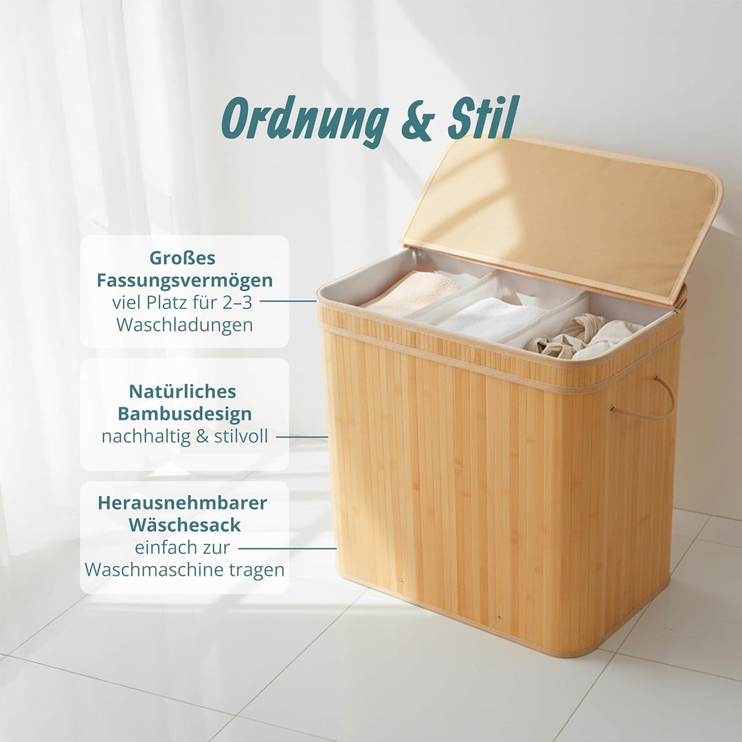 Relaxdays Wäschekorb mit Deckel, Bambus, 150 l, 3 Fächer, HxBxT: 61,5 x 61 x 41,5 cm, Badezimmer Wäs