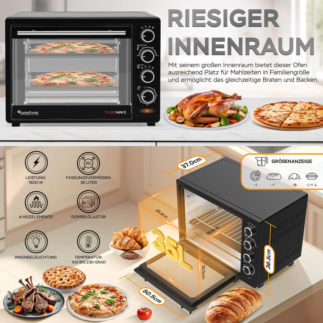 TurboTronic Minibackofen mit Umluft 35l schwarz 1600W, Mini Backofen mit 2 Backblechen, Timer, Pizza