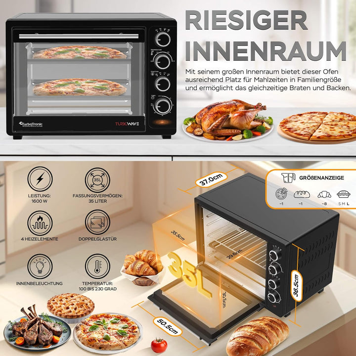 TurboTronic Minibackofen mit Umluft 35l schwarz 1600W, Mini Backofen mit 2 Backblechen, Timer, Pizza