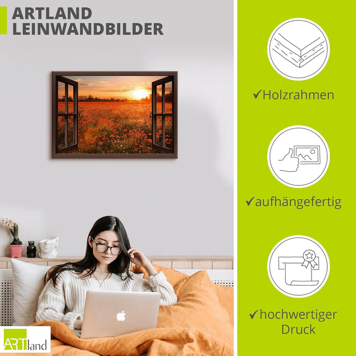 Artland Leinwandbild Wandbild Bild auf Leinwand 100x70 cm Wanddeko Fensterblick Fenster Natur Botani