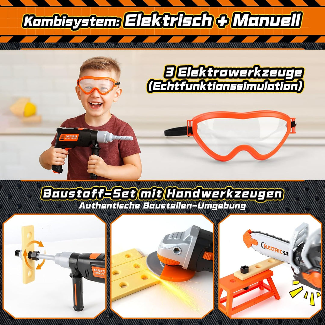 Werkzeugkoffer Kinder, Werkzeug Set Kinder mit MotorsäGe & Elektrische Bohrmaschine & Winkelschleife