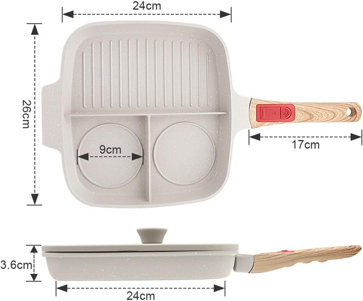 Bobikuke Multi Grillpfanne mit Deckel und Abnehmbarer Griff, Steakpfanne Induktion 3 in 1 - Weiss We