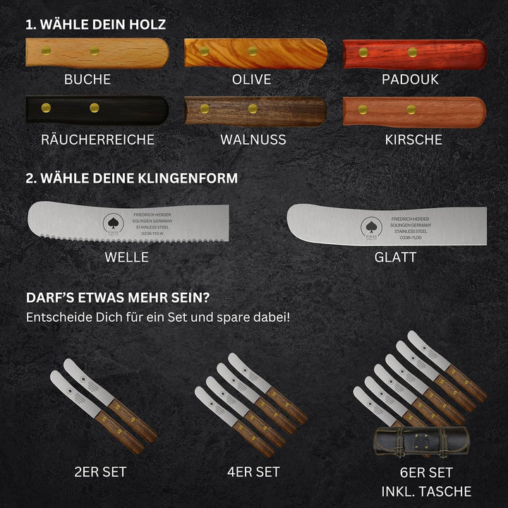 Solingen Messer, 2er Set Padouk Holzgriff, Wellenschliff, Premium Buckelmesser, Klinge rostfrei 11cm