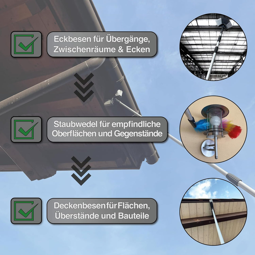 FenWi 8m Teleskopbesen Set mit Teleskopstange Ecken Besen Staubwedel Spinnenbesen (Flachbesen) und G