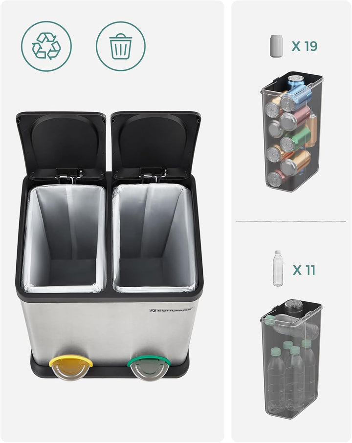 SONGMICS Mülleimer 30 Liter, Mülltrennung, 2 x 15 Liter, Abfalleimer, Treteimer mit Inneneimern, far
