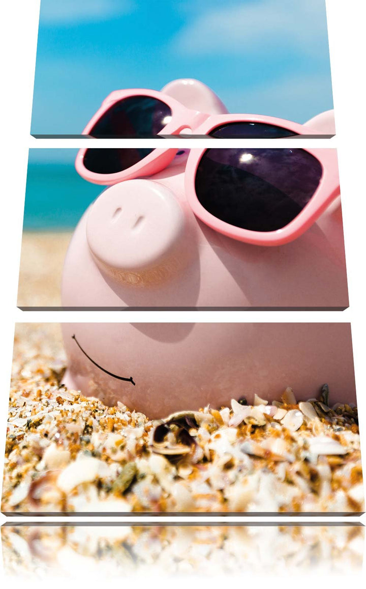 Pixxprint Schweinchen am Strand 3-Teiler Leinwandbild 120x80 Bild auf Leinwand