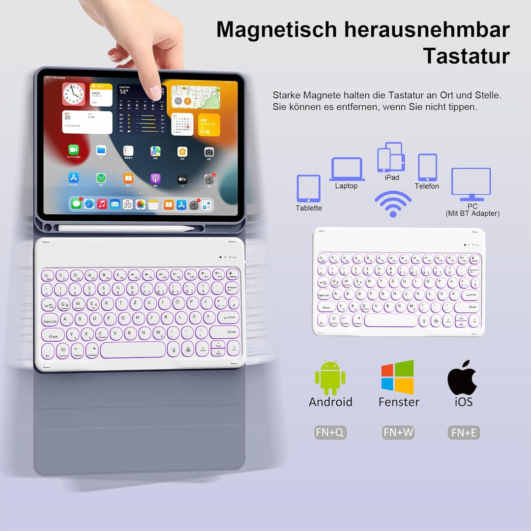 Hülle mit Tastatur für iPad 11 Generation A16/10 Generation (11/10.9 Zoll,2025/2022),7-farbige Beleu