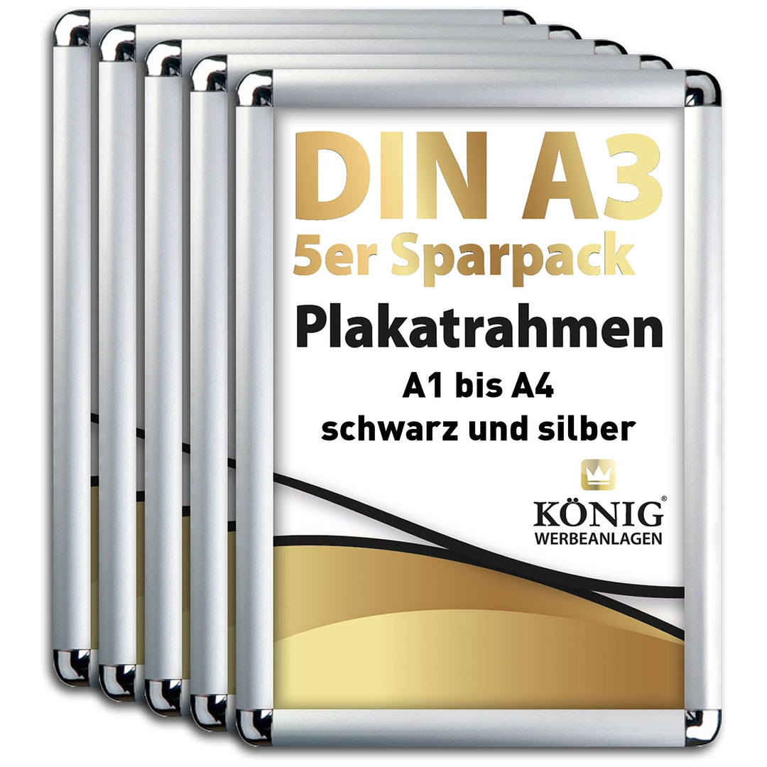 5 Plakatrahmen DIN A3 | abgerundete Ecken | 25mm Alu Profil, Silber | inkl. entspiegelter Schutzsche
