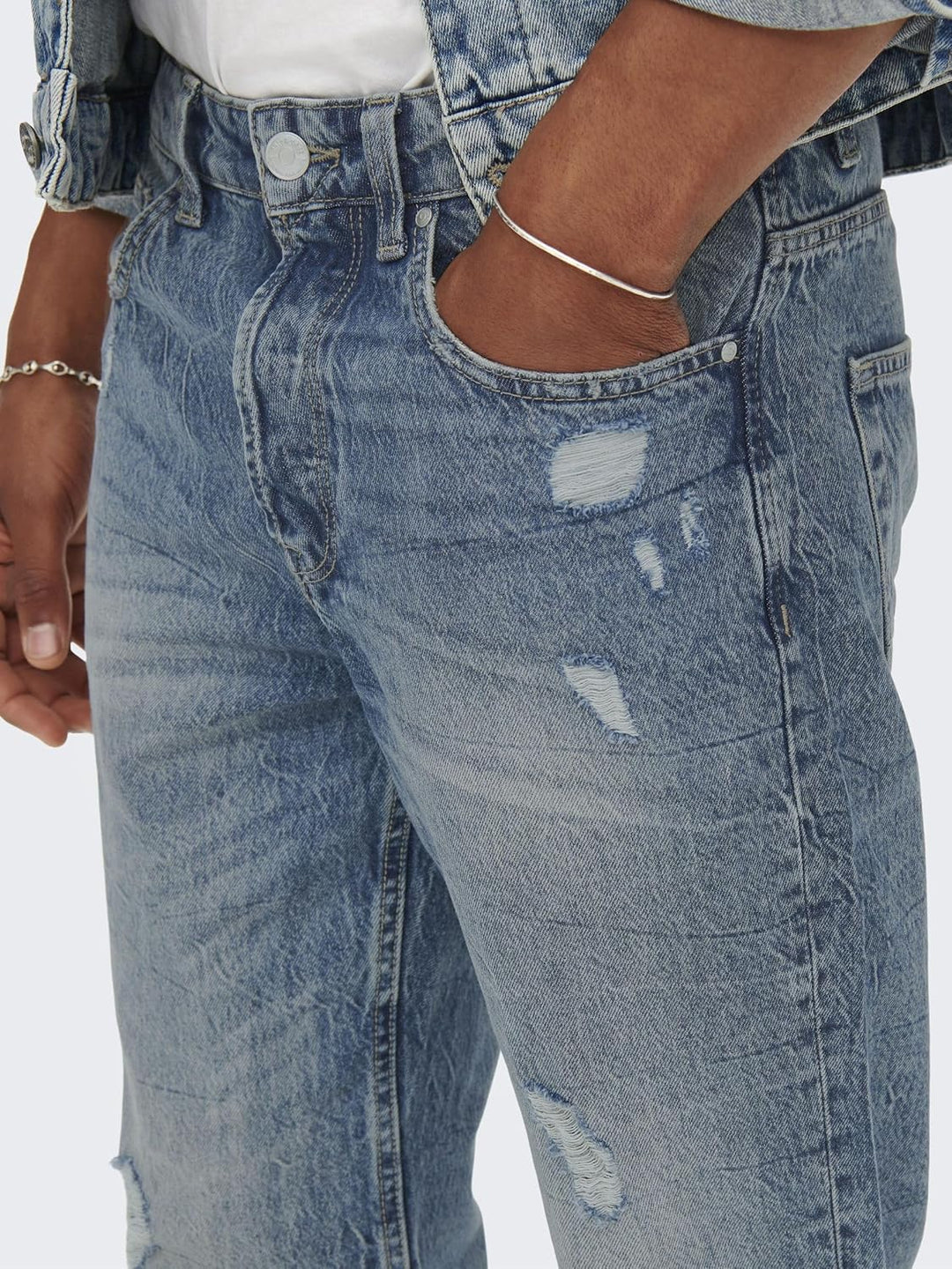 ONLY & SONS Crop Distressed Jeans 29 Blue Denim, 29 Blue Denim