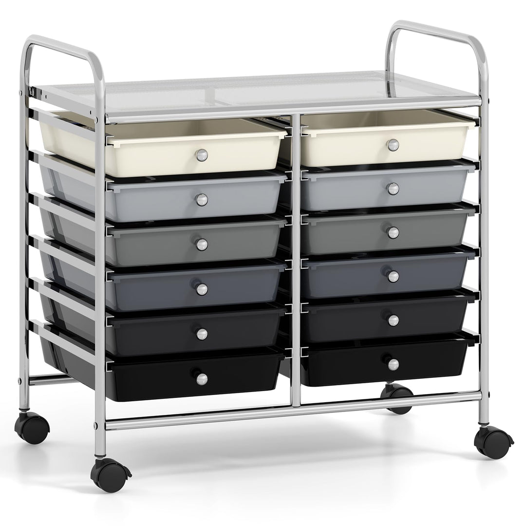 COSTWAY Rollwagen mit 12 stapelbaren Schubladen, Schubladenwagen Rollcontainer mit Metallgestell & A