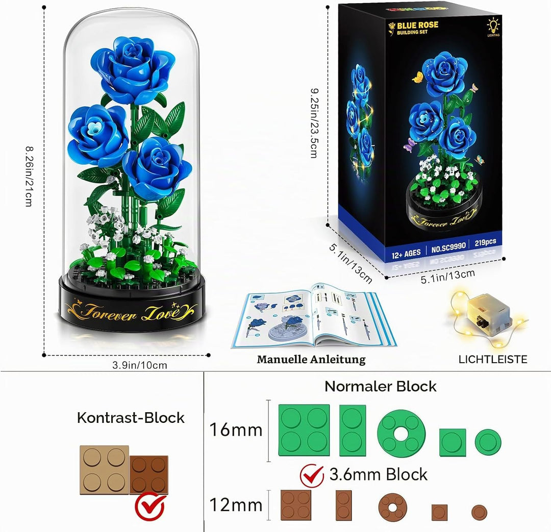 HiWEEGO Blumen Rosen Bauset mit LED Licht &amp; Abdeckung – 219 Teile Rosenstrauss Ostergeschenke, 3,6 M