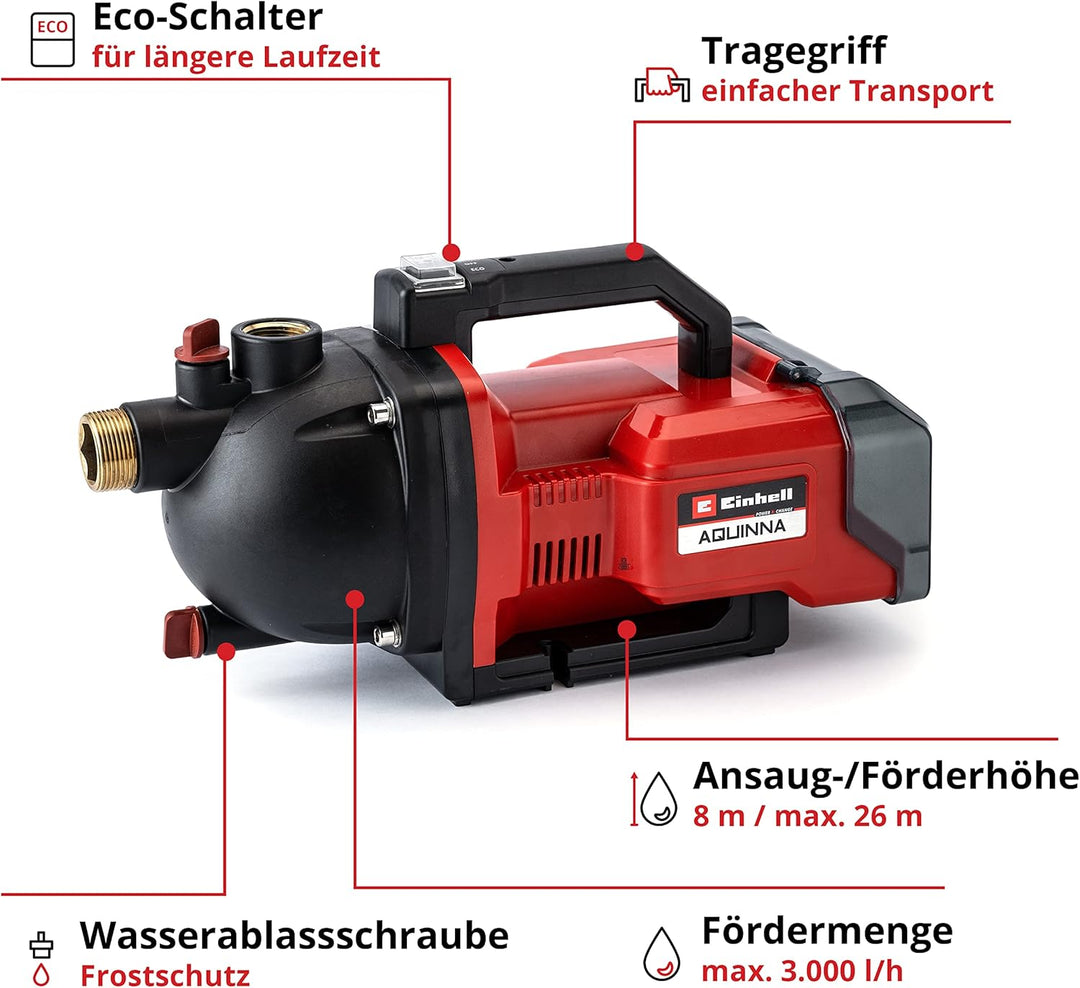 Einhell AQUINNA 36/30 Akku-Gartenpumpe Power X-Change (2 x 18V, 2-Stufen ECO-Schalter, Wassereinfüll