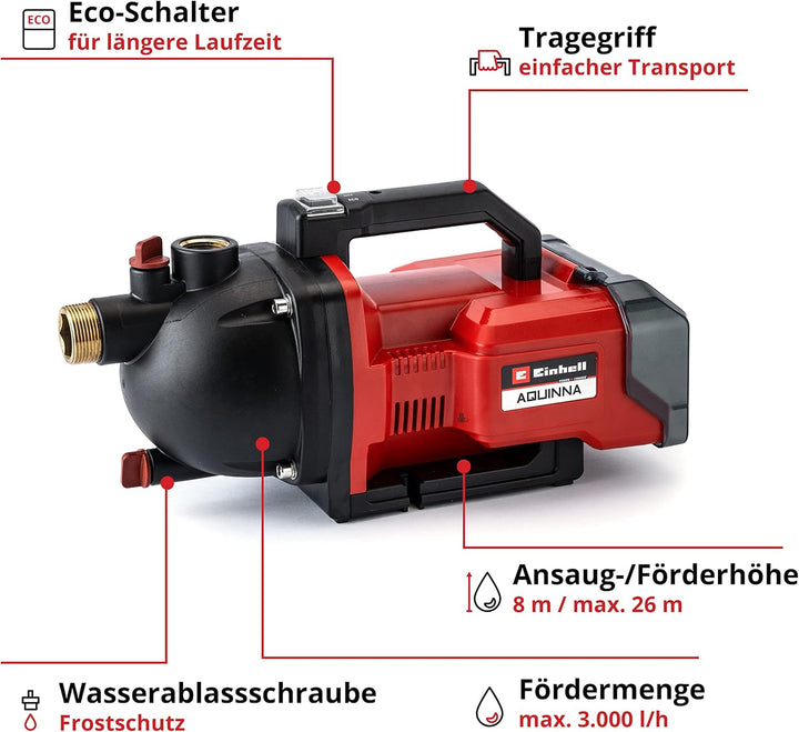 Einhell AQUINNA 36/30 Akku-Gartenpumpe Power X-Change (2 x 18V, 2-Stufen ECO-Schalter, Wassereinfüll